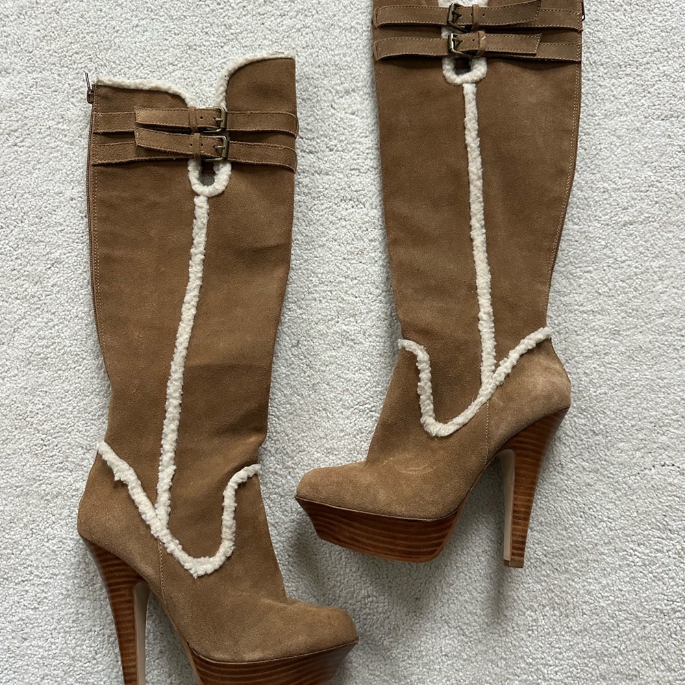 bebe Suede Heeled Boots with White Fur Trim